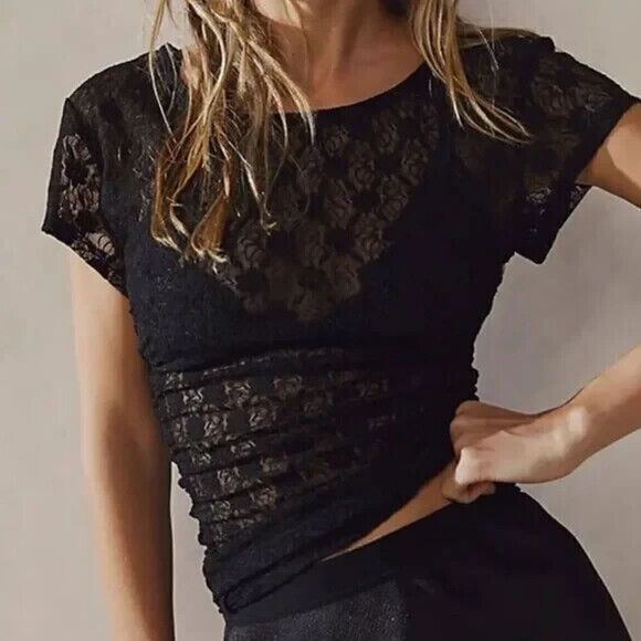 Intimately x Free People Womens Sz XS Black Keep It Simple S/S Lace Baby Tee - Picture 6 of 6